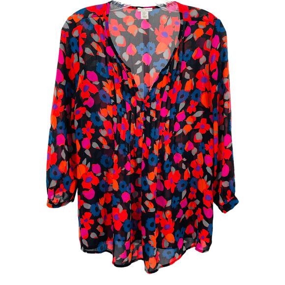 Mercer & Madison Orange Pink Floral V-Neck Long Sleeve Top Blouse M - Picture 1 of 9